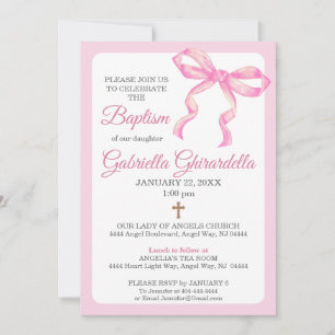 Pink Elegant Watercolor Bow & Cross Baptism Invitation