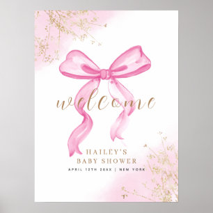 Pink Elegant Watercolor Bow Welcome Baby Shower Poster