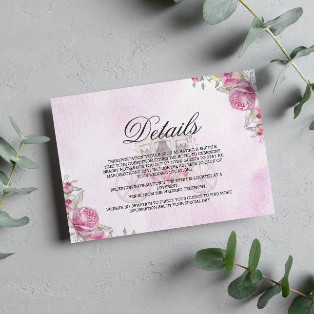 Pink elegant watercolor floral carriage Details Enclosure Card (Pink elegant watercolor floral carriage Details)