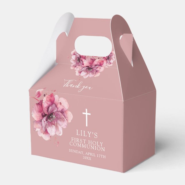 Pink Elegant Watercolor Floral Holy Communion Favour Box (Front Side)
