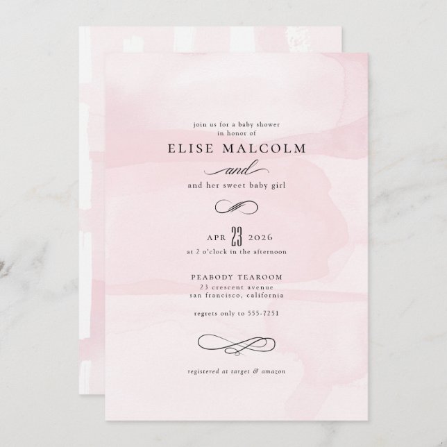 Pink Elegant Watercolor Modern Baby Shower Invitation (Front/Back)