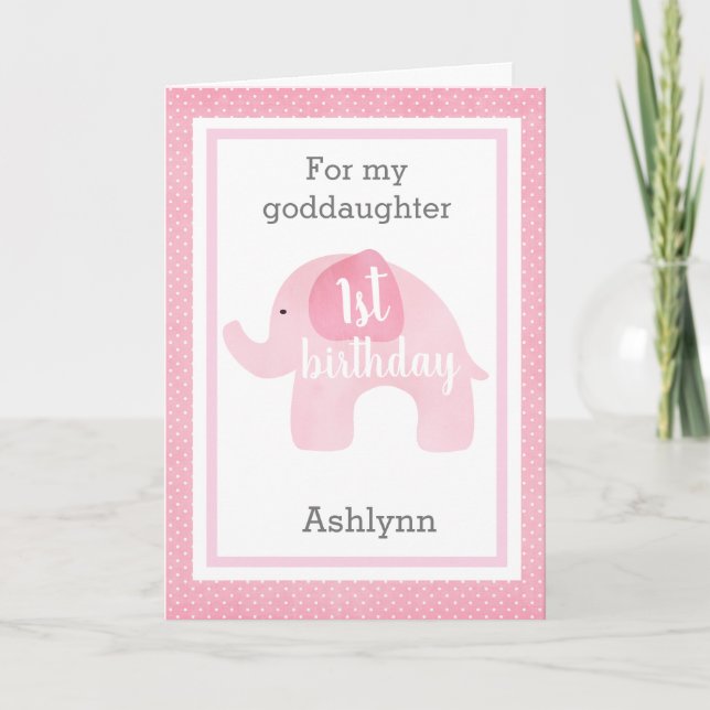 Pink Elephant 1st Birthday Goddaughter Card (Front)