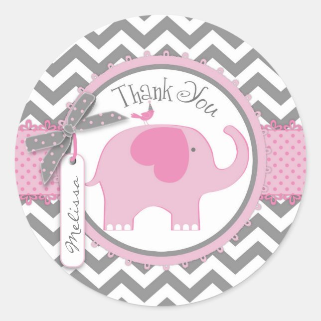Pink Elephant and Chevron Print Thank You Classic Round Sticker (Front)