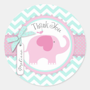 Pink Elephant and Chevron Print Thank You Classic Round Sticker