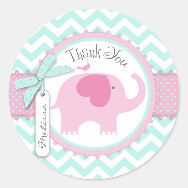 Pink Elephant and Chevron Print Thank You Classic Round Sticker (Front)