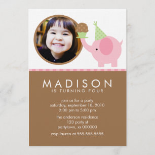 Pink Elephant and Cupcake Birthday Announcements