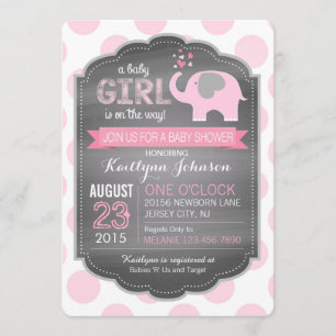 Pink Elephant and Dots Baby Shower Invitations