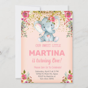 Pink elephant and flowers girl birthday invite. Invitation