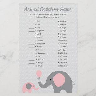 Pink Elephant Animal Gestation Match Shower Game