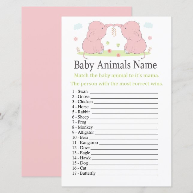 Pink Elephant Baby Animals Name Game (Front/Back)