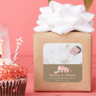 Pink Elephant Baby Girl Photo Birth Announcement Square Sticker
