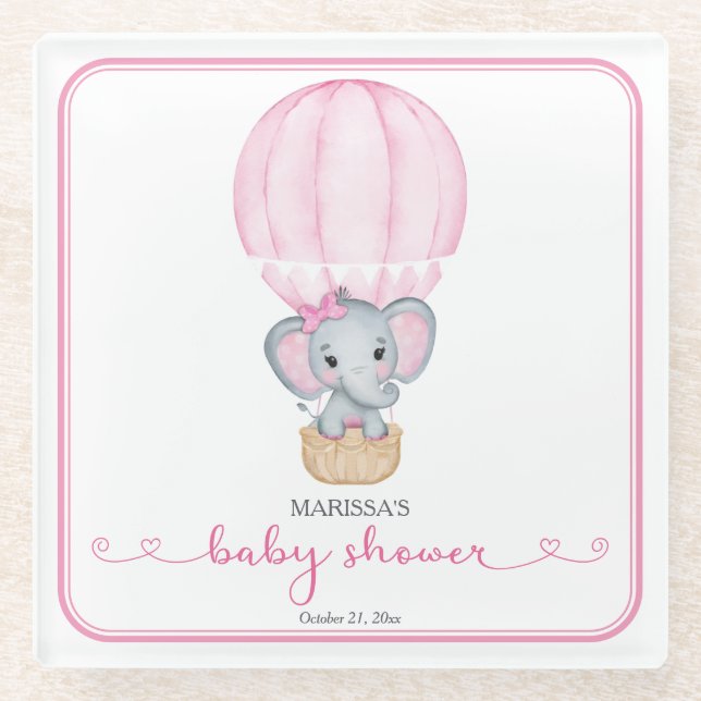 Pink Elephant Baby Girl Shower Glass Coaster (Front)