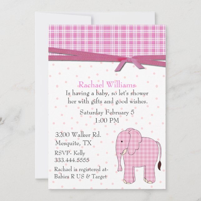 Pink Elephant Baby Girl Shower Invitation (Front)