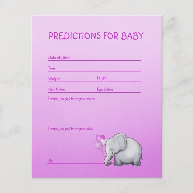 Pink Elephant Baby Girl Shower Predictions Game Flyer (Front)