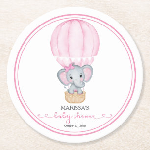 Pink Elephant Baby Girl Shower Round Paper Coaster