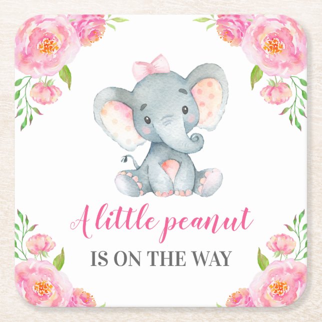 Pink Elephant Baby Girl Shower Sprinkle Birthday Square Paper Coaster (Front)