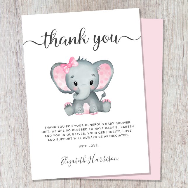 Pink Elephant Baby Girl Shower Thank You Card (Creator Uploaded)