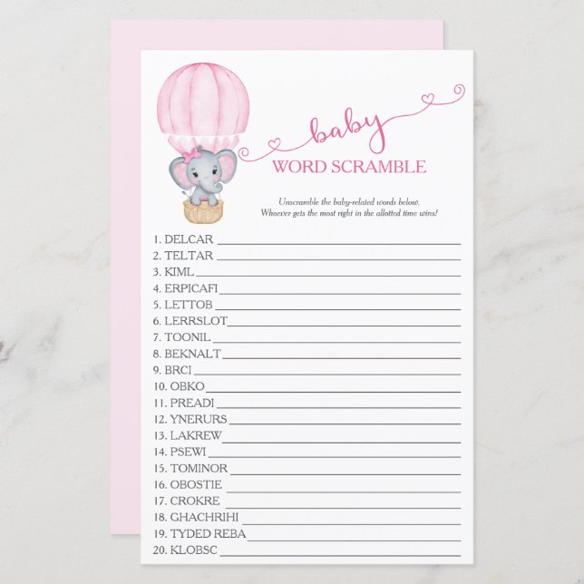 Pink Elephant Baby Girl Shower Word Scramble Game (Front/Back)