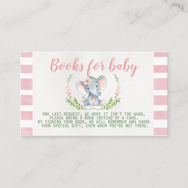 Pink Elephant Baby Shower Book Request Insert (Front)