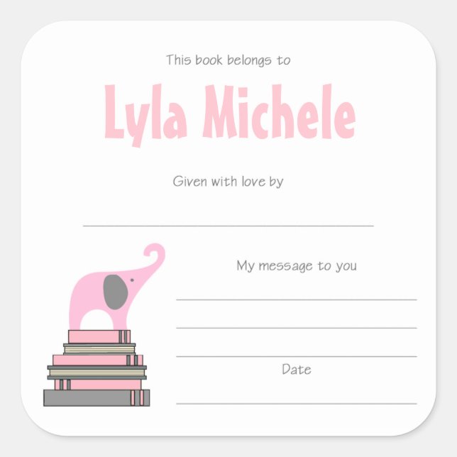 Pink Elephant baby shower bookplates GIRL Square Sticker (Front)