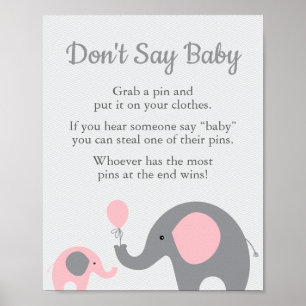 Pink Elephant Baby Shower Don't Say Baby Game Sign