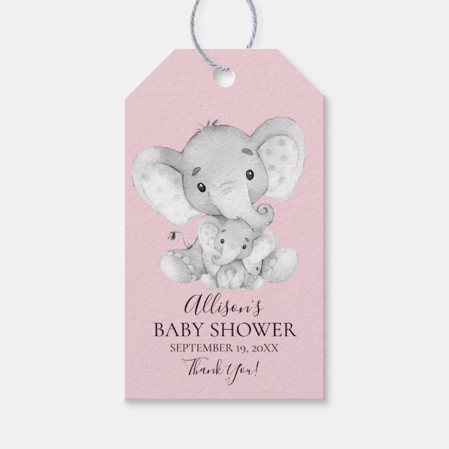 Pink Elephant Baby Shower Favour Gift Tag (Front)