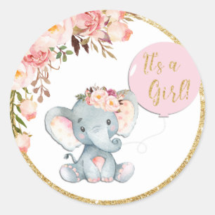 Pink Elephant Baby Shower Favour Sticker Labels