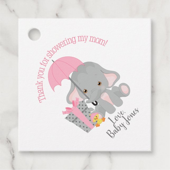 PINK Elephant baby shower favour tag (Front)