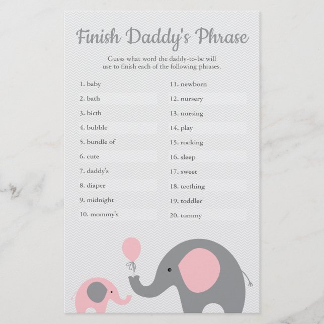 Pink Elephant Baby Shower Finish Daddy's Phrase Flyer (Front)