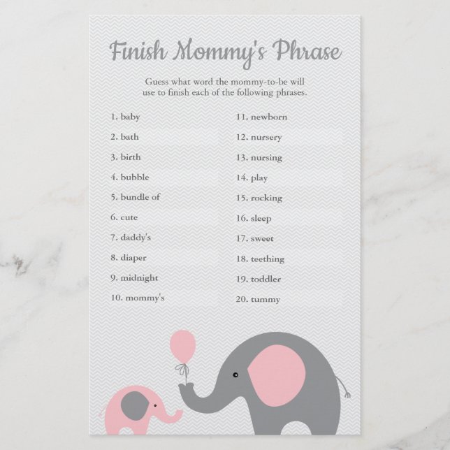 Pink Elephant Baby Shower Finish Mummy's Phrase Flyer (Front)