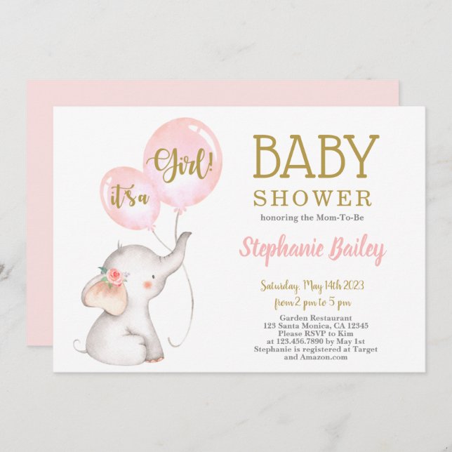 Pink Elephant Baby Shower girl Invitation (Front/Back)