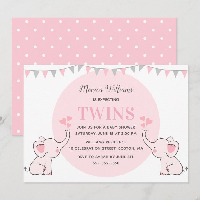 Pink Elephant Baby Shower | Girl Twins Baby Shower Invitation (Front/Back)