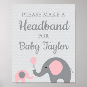 Pink Elephant Baby Shower Headband Sign