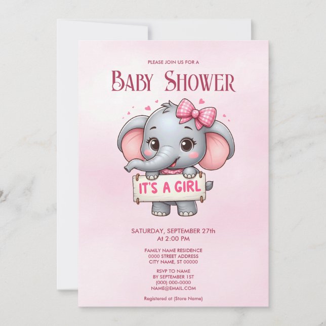 Pink Elephant Baby Shower Invitation (Front)