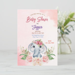 Pink Elephant Baby Shower Invitation