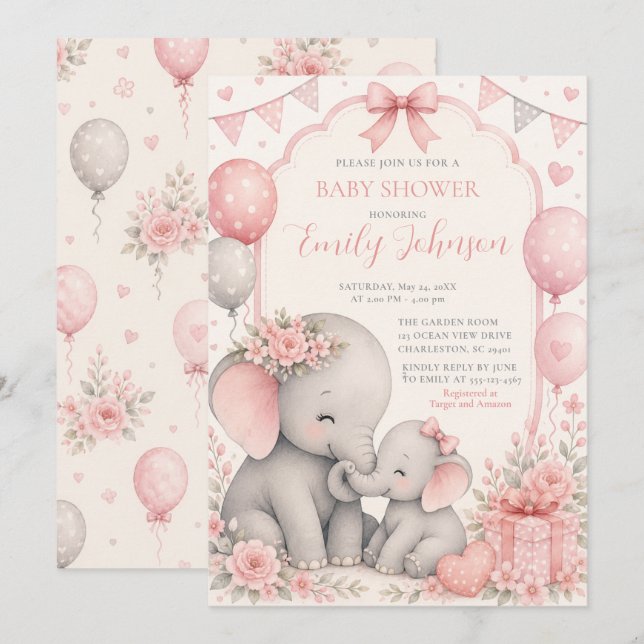 Pink Elephant Baby Shower Invitation (Front/Back)