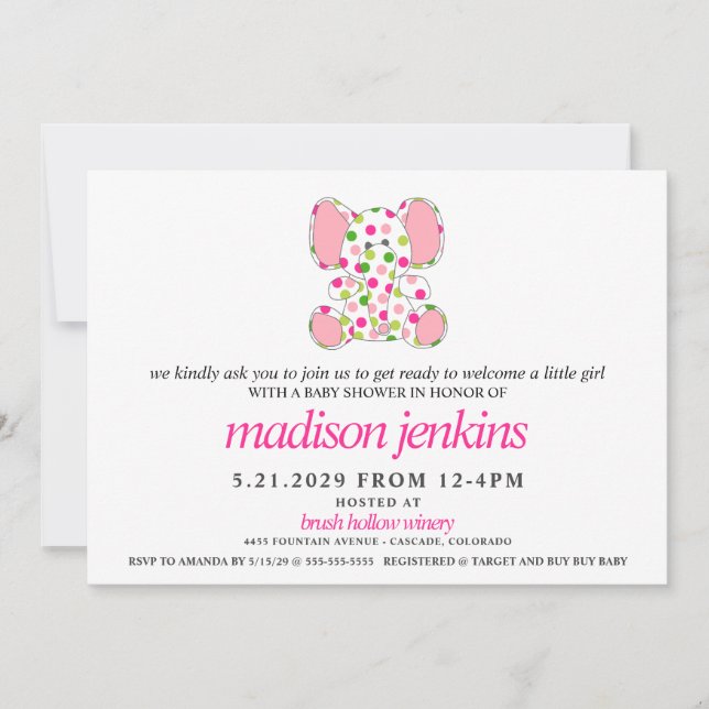 Pink Elephant Baby Shower Invitation (Front)