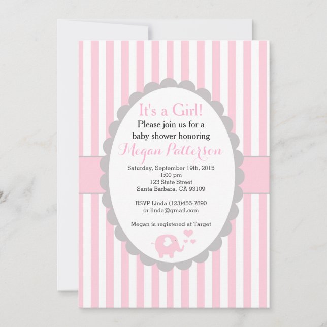 Pink Elephant Baby Shower Invitation for a Girl (Front)