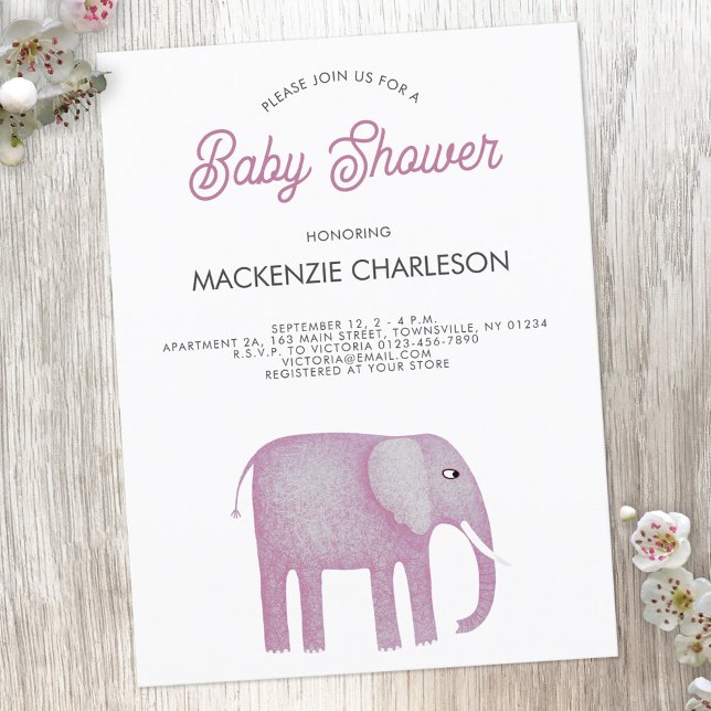 Pink Elephant Baby Shower Invitation Postcard (Pink watercolor elephant baby shower invitation postcard)