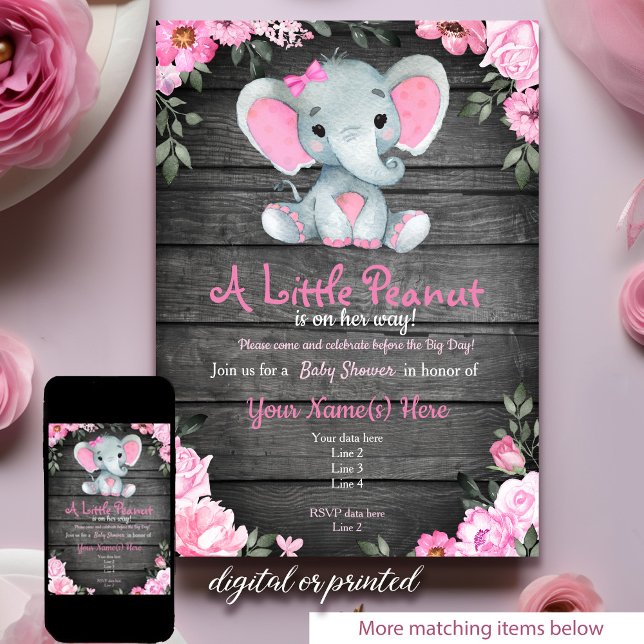Pink  Elephant Baby Shower invitation, rustic Invitation (Creator Uploaded)