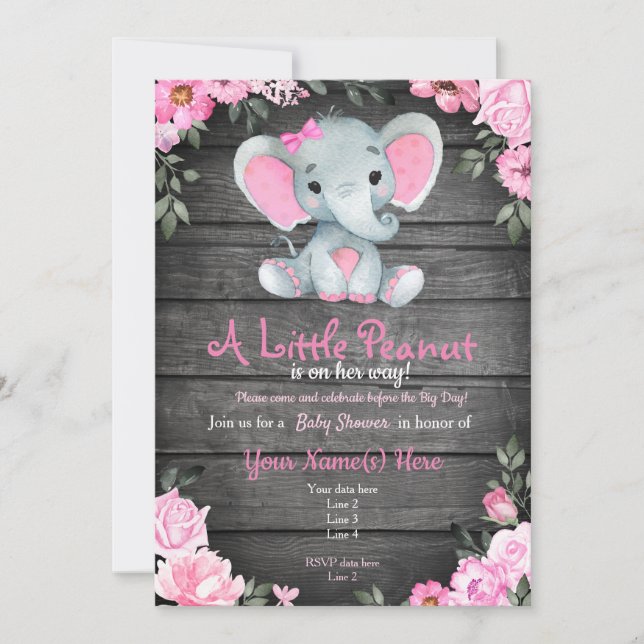 Pink  Elephant Baby Shower invitation, rustic Invitation (Front)