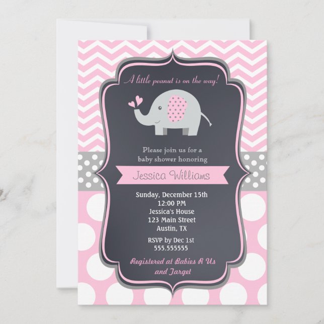 Pink Elephant Baby Shower Invitations (Front)