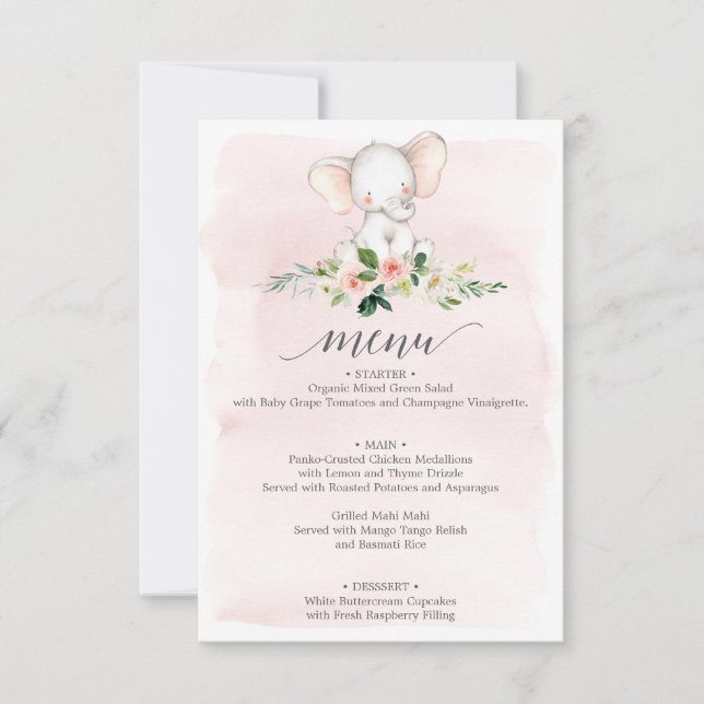 Pink Elephant Baby Shower Menu Invitation (Front)