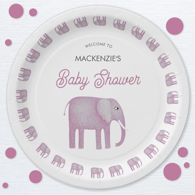 Pink Elephant Baby Shower Paper Plate (Pink watercolor elephant baby shower paper party plate)