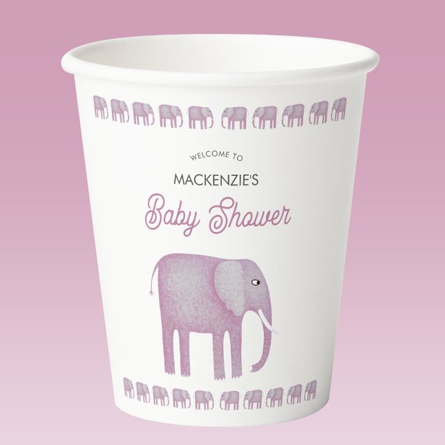 Pink Elephant Baby Shower Personalised Paper Cups (Pink watercolor elephant baby shower paper cup)