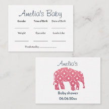 Pink Elephant Baby Shower Predictions Game Card