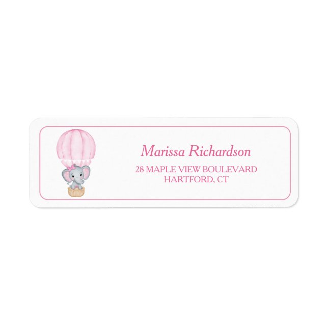 Pink Elephant Baby Shower Return Address Label (Front)