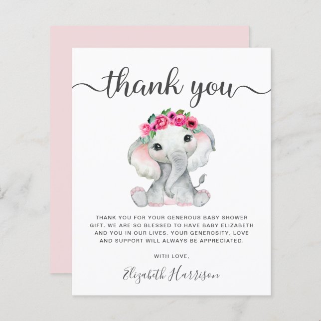 Pink Elephant Baby Shower Thank You (Front/Back)