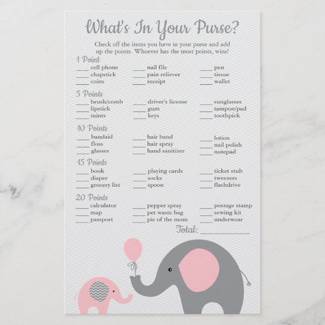 Pink Elephant Baby Shower What's in Your Purse Flyer (Front)