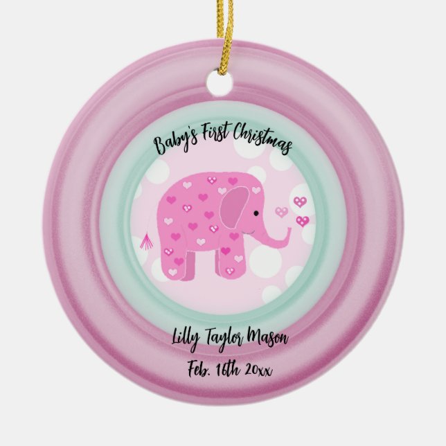 Pink Elephant Baby's Frist Christmas Ceramic Ornam Tree Decoration (Front)